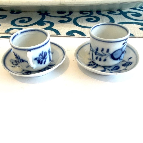 Antique Blue Onion Flow Blue Miniature Pair Porcelain Tea Cup & Saucer Set - Picture 4 of 8